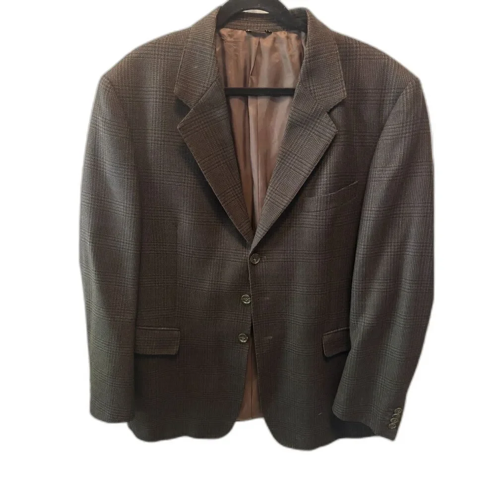 Lanificio Privernum Men’s 46R Brown Glen Plaid 100% Wool Blazer Sport Coat